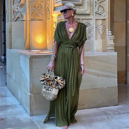 vmtvr  -  Green Bohemia Holiday Dress Women Elegant Solid Casual Loose Long Dresses Summer Sexy Split Backless Maxi Beach Dress New