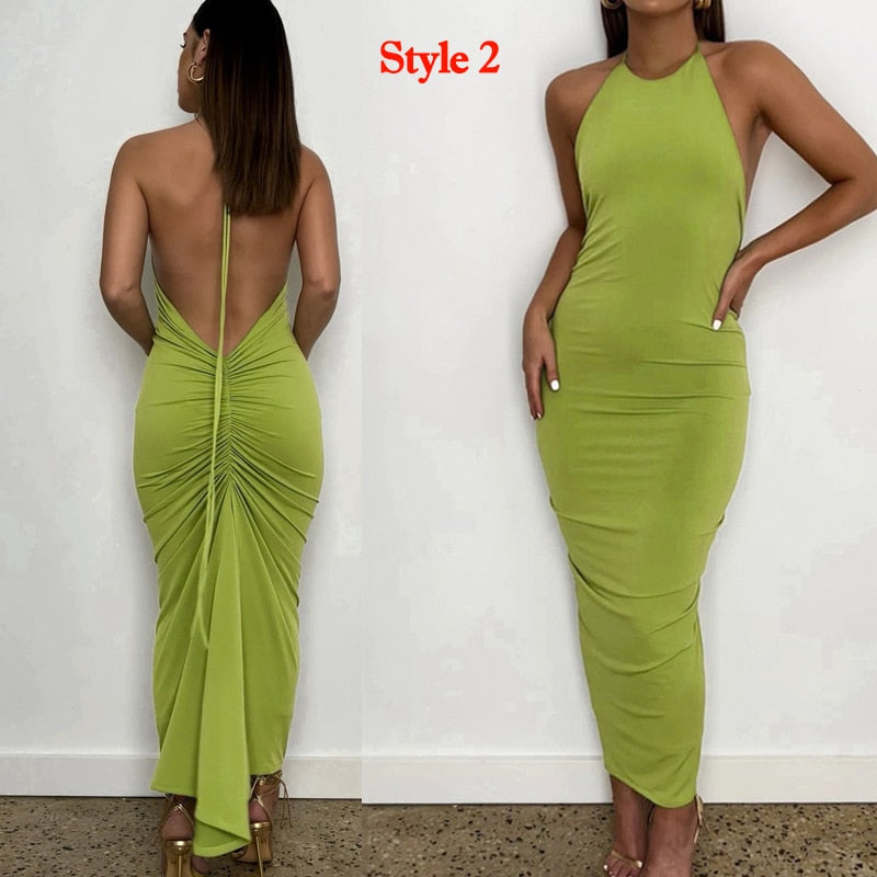 vmtvr - Green Backless Maxi Dress Elegant Halter Ruched Evening Party Dresses for Women Summer Sleeveless Slim Long Club Outfits