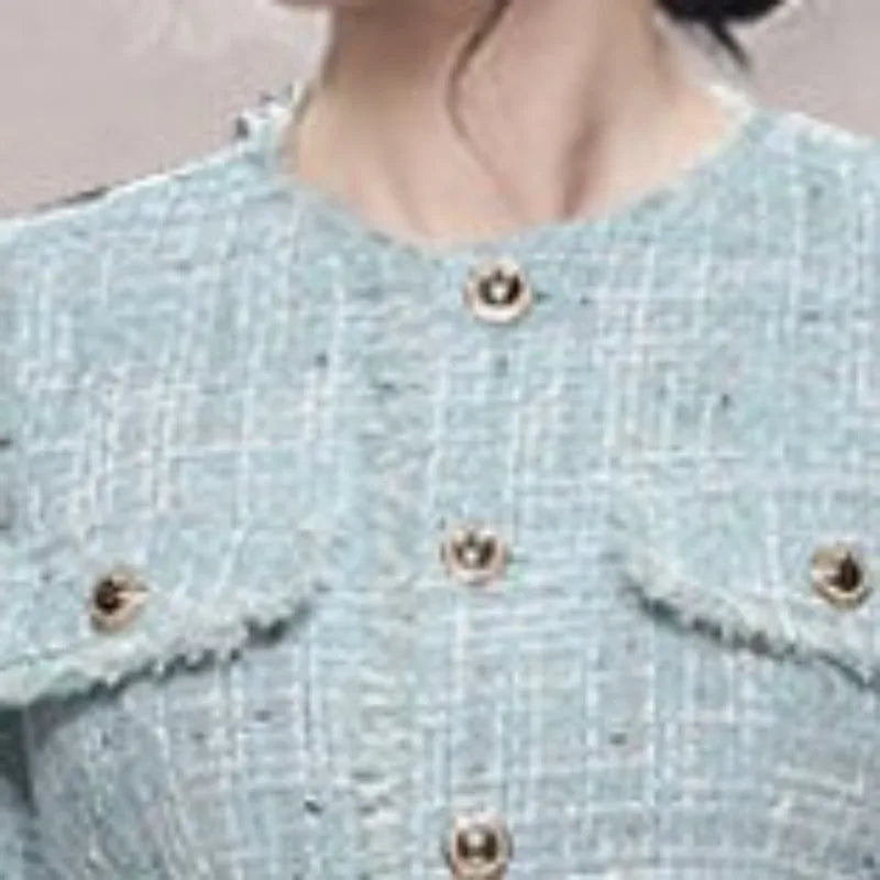 vmtvr  -  Women's Autumn and Winter Pullover Round Neck Panel Button Solid Color Slimming Mid Length Flower Tweed Long Sleeved Dress