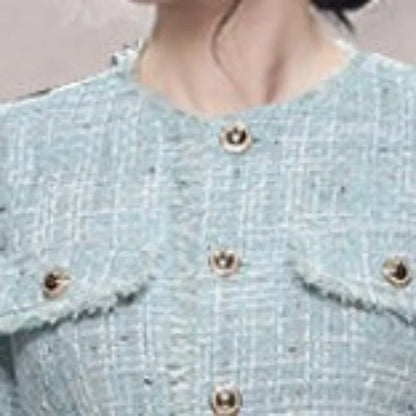 vmtvr  -  Women's Autumn and Winter Pullover Round Neck Panel Button Solid Color Slimming Mid Length Flower Tweed Long Sleeved Dress