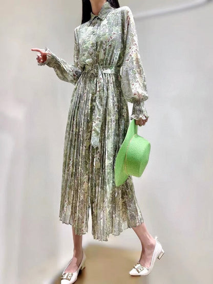 vmtvr - Fashion Designer Spring Print Midi Chiffon Dress Women 2023 New Elegant Long Sleeve Single Breasted Vintage Vacation Robes