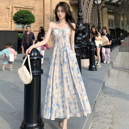 vmtvr  -  Summer Print Elegant Beach Dress New Women Vintage Pearl Beading Sweet Midi Dress Female Princess Fairy Strap Evening Dress