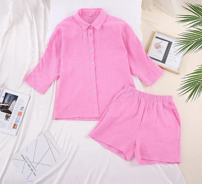 vmtvr Summer Homewear Shorts Sets Women Lapel Long Sleeve 2 Pieces Outfit Summer Elastic Waist Straight Shorts Women Suit