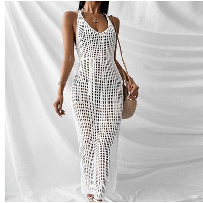 New Sexy Hollow Fishnet Mesh Maxi Knit Dress Women Party Club See Through Bodycon Long Dresses Summer Beach Holiday Outfits