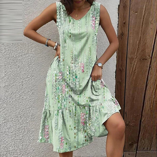 Shdowlass  -  Sexy Deep V-neck Sleeveless Midi Dress 2024 Summer Casual Loose Party Dress Fashion Flower Print Pleated A-Line Dresses Vestidos