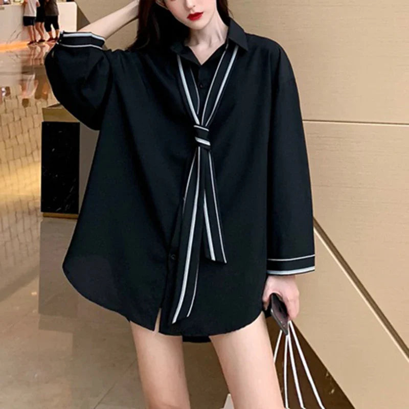 vmtvr Dark Academic Women Chiffon Shirts Korean Fashion Nine Quarter Sleeve Loose Tops Summer Streetwear Female Y2K Black Blouse