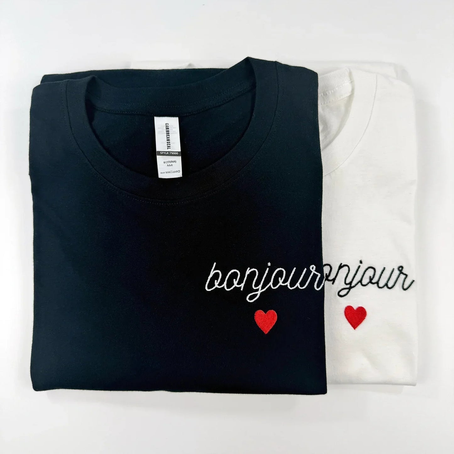 -Retro sports style outfit streetwear 90s fashion Bonjour Heart Embroidered Short Sleeve T Shirts Women Summer Loose 100% Cotton Elegant Tops Tees French Vintage Causal Shirt