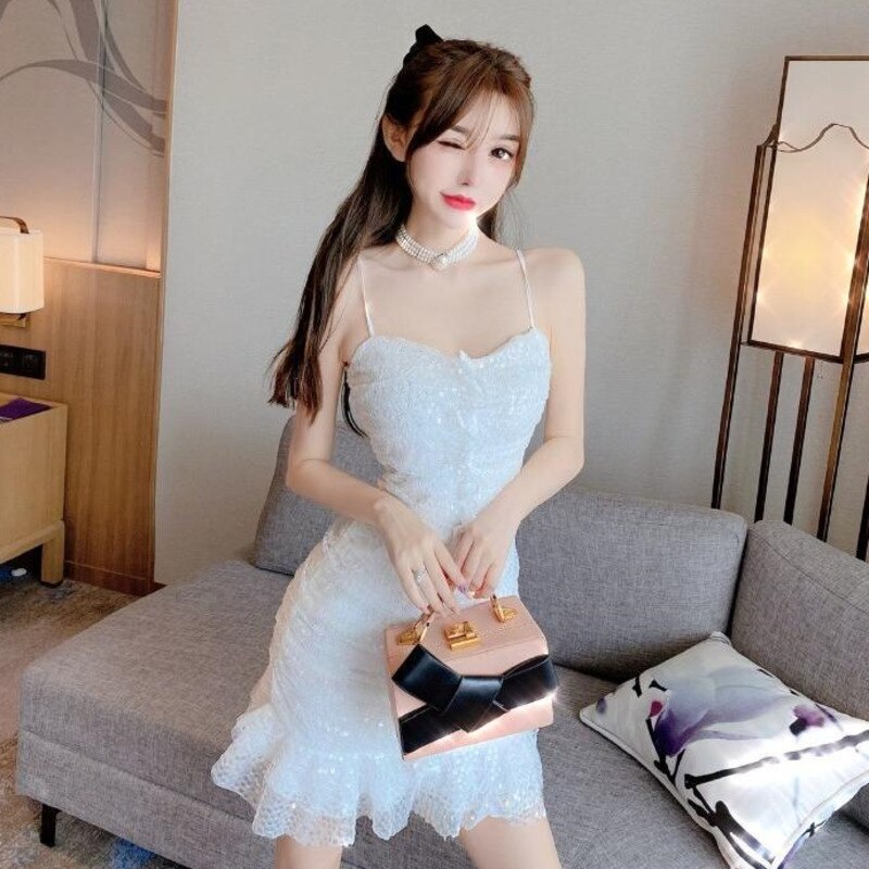 White Sequin Strapless Spaghetti Strap Dress Women Sexy Bright Party Mermaid Dresses Women Ruffles Mini Dress Sleeveless