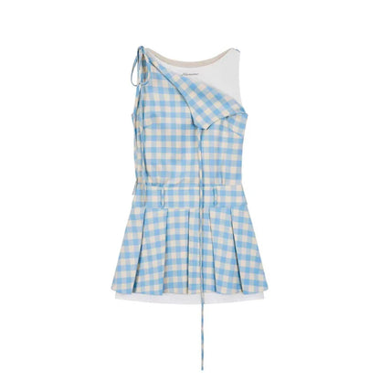 vmtvr 2000s Vintage Blue Plaid Fake Two Piece Dress Women Casual Retro Y2k Mini Dress Summer 2024 Japanese Fashion Sweet Cute Dress