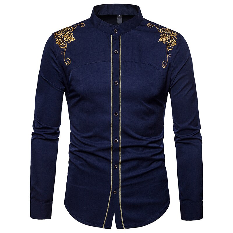 jiaabc Men Spring Autumn Shirt Social Henley Dress Shirt Fashion Long Sleeve Formal Embroidery Tops Clothing Casual camisa masculina