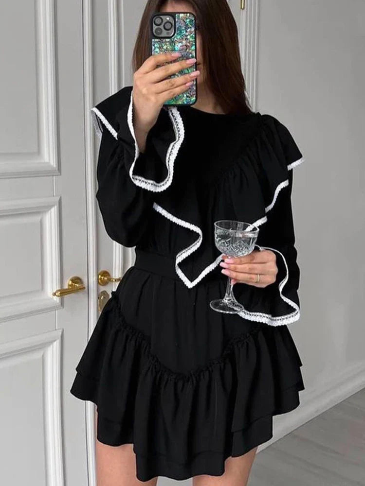 vmtvr Autumn Winter Women Elegant Sweet Mini Dress Solid Black Long Sleeve Ruffle Flare Dress Female