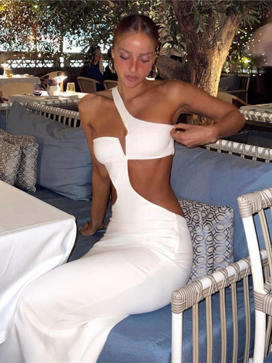 White Long Summer Dress Women Sexy Cut Out Slim Evening Party Dress Fashion One Shoulder Vacation Beach Maxi Dresses  New