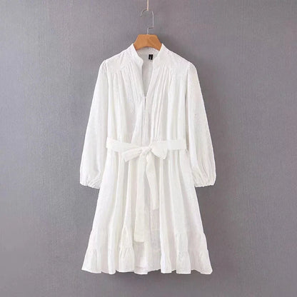 vmtvr  -  white embriodery dress women cotton lantern sleeve summer autumn beach dress new hollow out button sash dress