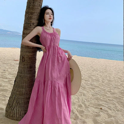 vmtvr New Summer Halter Backless Midi Women Dress Simple Loose Beach Vacation Pink Purple Long Sundress Korean Lolita Lazy Style