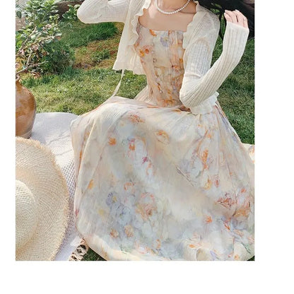 vmtvr Vintage Floral Two-piece Dress Women Chiffon Korean Elegant Long Strap Dress Female Summer Casual Beach Evening Party Dress