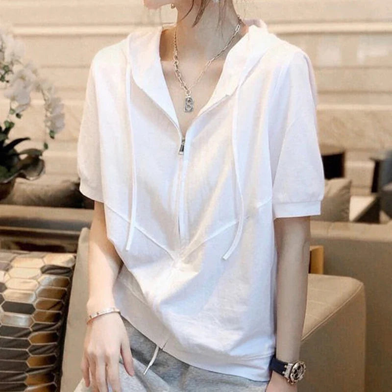 vmtvr Y2K Women Short Sleeve Hoodies Summer Zipper Fashion Female Streetwear T Shirts Korean Casual All Match Student White Tops