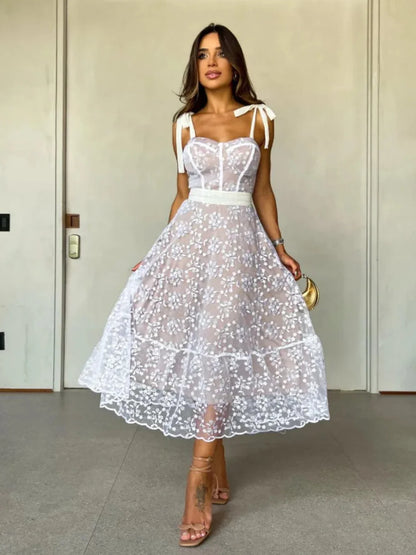 vmtvr  -  Summer New Elegant Lace Women's Dresses Fashion Lace-up Embroidery Dress Sexy Party Gown Chic Women Clothing Vacation Robes