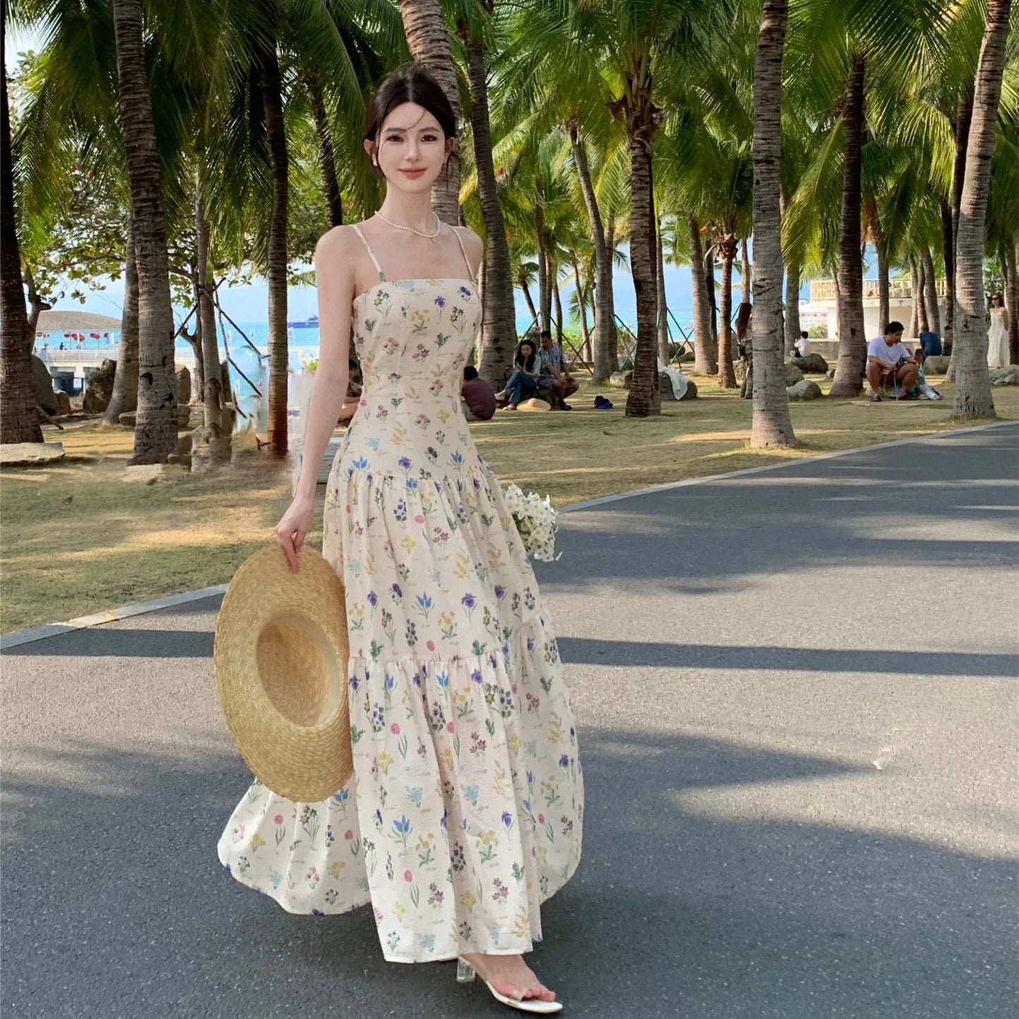 vmtvr  -  Vintage Floral Beach Holiday Long Dresses for Women Summer New Elegant Party Spaghetti Strap Big Hem Casual Female Clothing