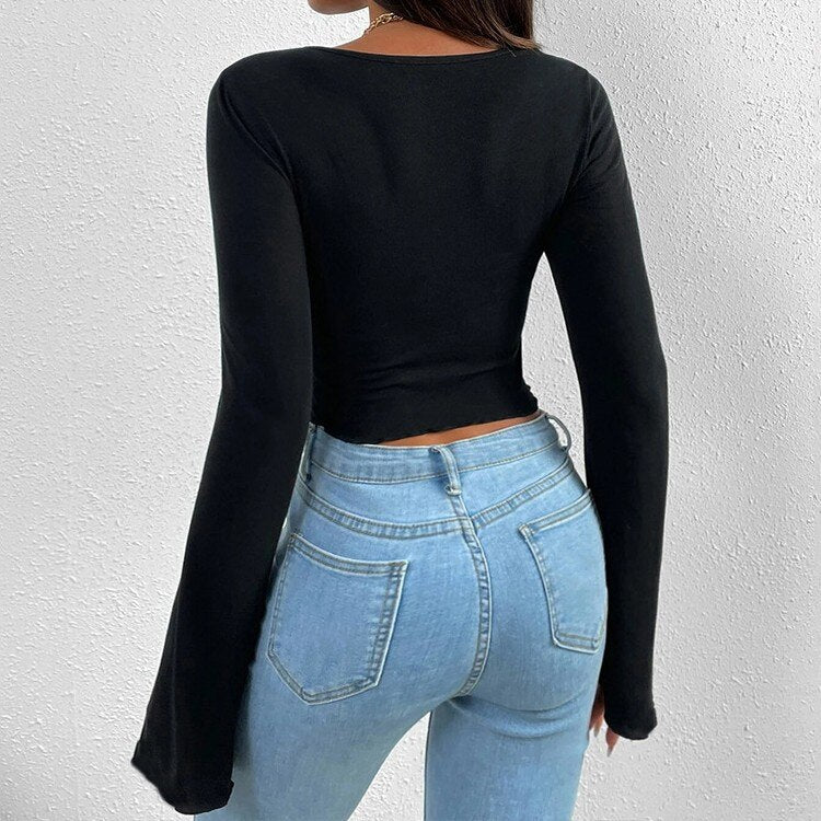 -Fall Outfits Long Sleeve Top  Long Flare Sleeve V-neck Low Cut T-shirts Tops for Women Front Ruched Criss-cross Solid Slim Fit Irregular Hem Tees