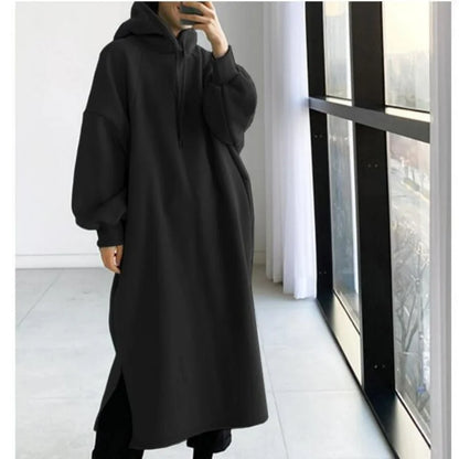 vmtvr Thicken Autumn Winter Women Oversized Hoodie Long Dress Solid Fashion Long Sleeve Female Clothing Split Casual Loose New Dresses