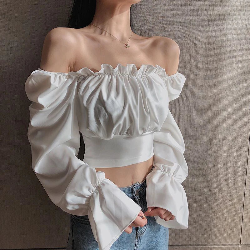 vmtvr Sexy Cropped Chiffon Shirts Women Summer Fashion Folds Female Lantern Sleeve Tops Y2K Korean Casual All Match White Blouse