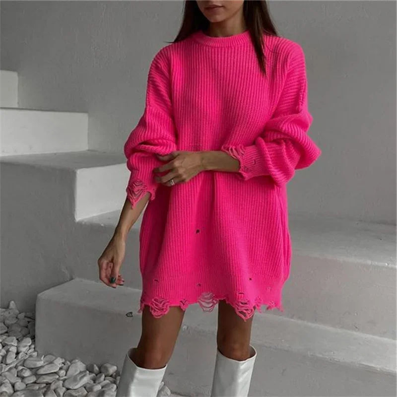 vmtvr Women Long Sleeve Mini Sweater Dress Autumn Winter Ripped Hole Knit Pullover Dress Casual Loose Oversize Knitted Short Dresses