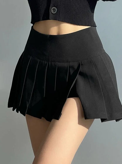 vmtvr Korean Sexy Slit Pleated Mini Skirt Women Fashion High Waist Preppy Style A Line Skirt Summer Solid Color Zipper Skirt New