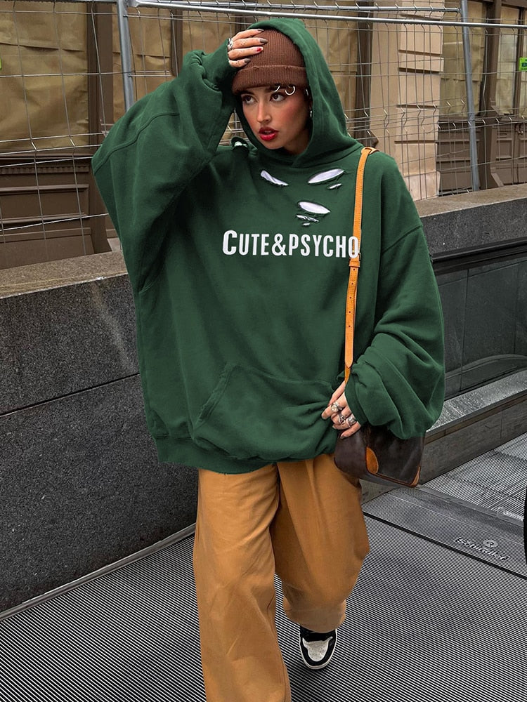 Streetwear Green Hole Grunge Oversize Hoodies Women Letter Harajuku Autumn Pullovers Casual Loose Hooded Sweatshirts