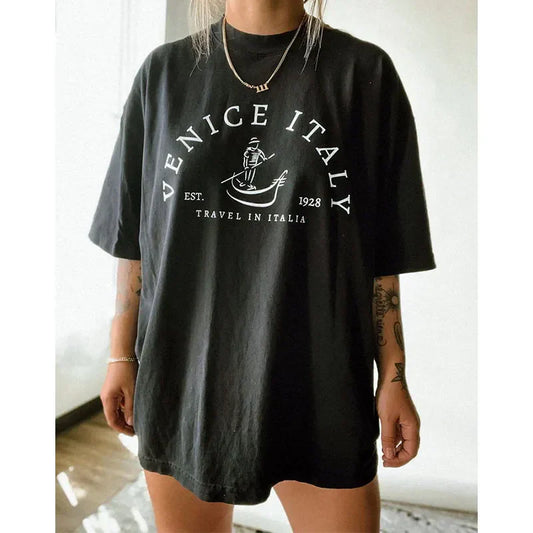 -Retro sports style outfit streetwear 90s fashion Venice Italy EST.1928 Graphic Vintage T Shirts Summer Short Sleeve Oversize Cotton Tops Tees Tumblr Fashion 80s 90s Shirts