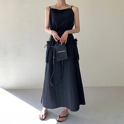 vmtvr  -  New Spaghetti Strap Long Dress Women Vintage Solid Drawstring Party Dress Summer Holiday Outfit