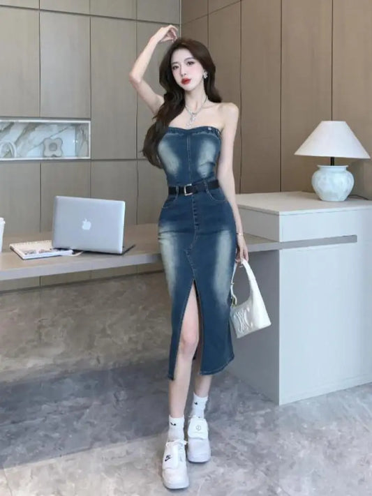 vmtvr Sleeveless Women Denim Suspender Dress Summer New Midi Blue Korean Fashion Strapless Streetwear Female Off Shoulder Slit Dresses