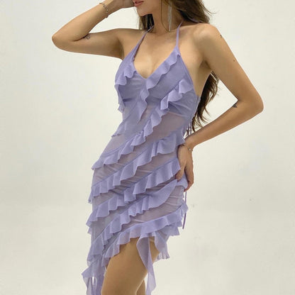 Sexy Ruffles Backless Mini Dresses 2023 Women Elegant Fashion Mesh Tassel Slim Party Dress Purple Sleeveless Evening Club Dress