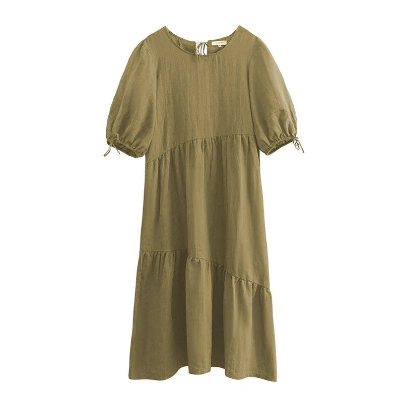 vmtvr Newly French Vintage Elegant Cotton Linen Lantern Sleeve Women Dresses 2023 Summer Casual Solid Tie Loose Maxi Female Dress