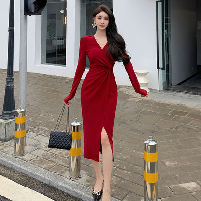 New Autumn Fashion Vintage Elegant Knitted Red Dresses for Women 2023 V-neck Long Sleeved Office Lady Slim Prom Evening Dresses