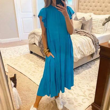 vmtvr Fashion Butterfly Sleeve Loose Solid Color Dress Women Pocket Long Dress Summer Casual Multi-Layer Pleated Stitching Maxi Dress