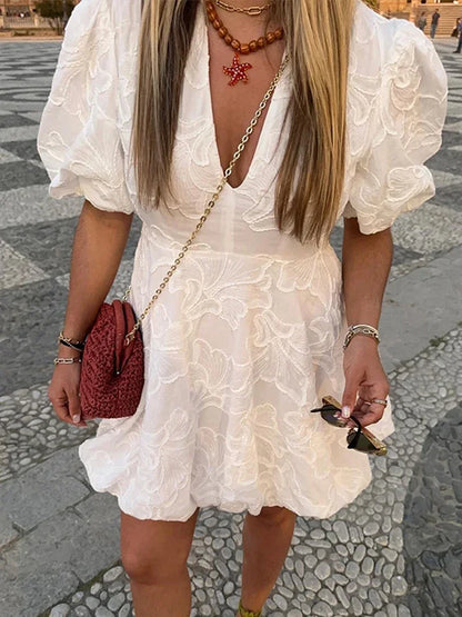 vmtvr  -  Embroidered Puff Short Sleeved White Dress Women Elegant V-neck Ruffles High Waist Dresses Summer A-line Streetwear  ﻿ ﻿