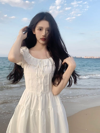 vmtvr - Korean Design Sweet Lace Mini Dress Female Causal Beach Style Pure Color Dress Elegant Office Lady Ruffles Dress 2023 Summer