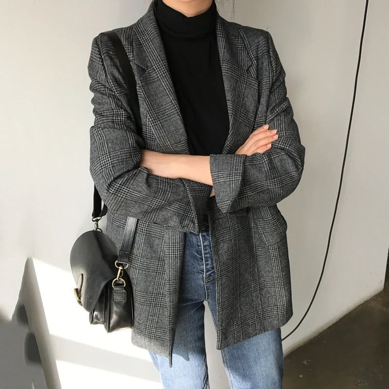 vmtvr Plaid Double Breasted Pockets Formal Jackets Checkered Winter Spring Women's Blazers Outerwear Tops