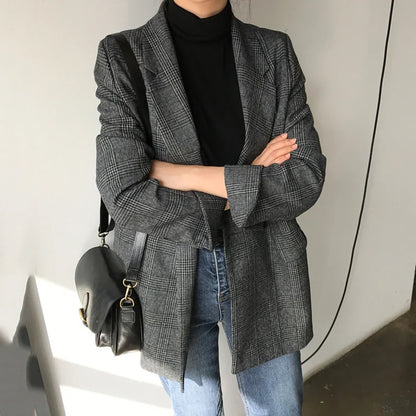 vmtvr Plaid Double Breasted Pockets Formal Jackets Checkered Winter Spring Women's Blazers Outerwear Tops