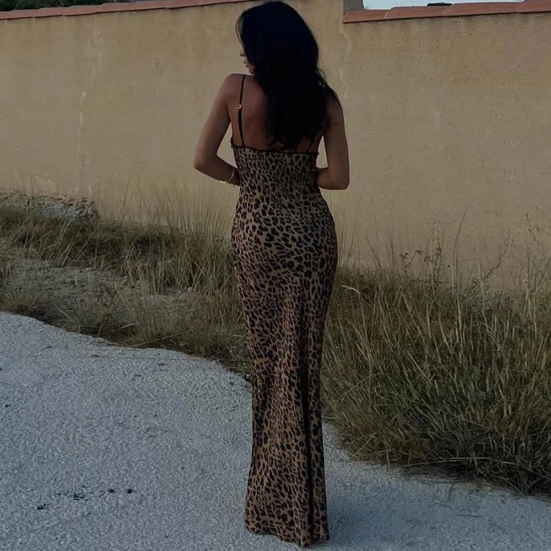 vmtvr Animal Leopard Print Sexy Slip Tie Front Maxi Dress Elegant Outfits for Women Sleeveless Backless Party Dresses Summer Dress