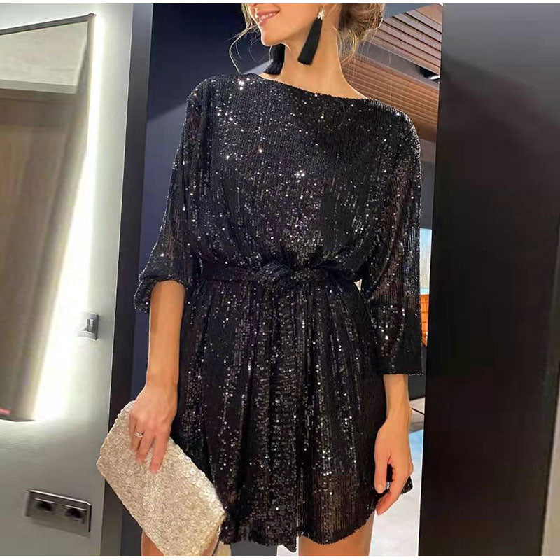 vmtvr Women Solid Sexy Sequins Mini Dress Female Fashion Long Sleeve Clothes Lady Elegant Evening Party Club Festival Dress