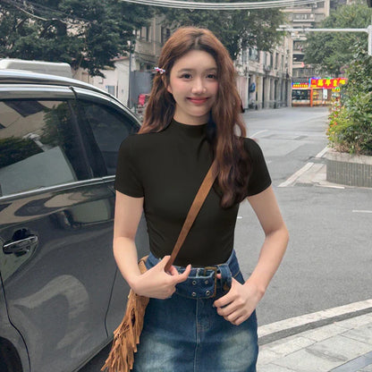 vmtvr Short Slim Turtleneck Pullover Inner Bottom Shirt Women Summer Spice Girls Design Tight Short Sleeve t-shirt Tops Soft