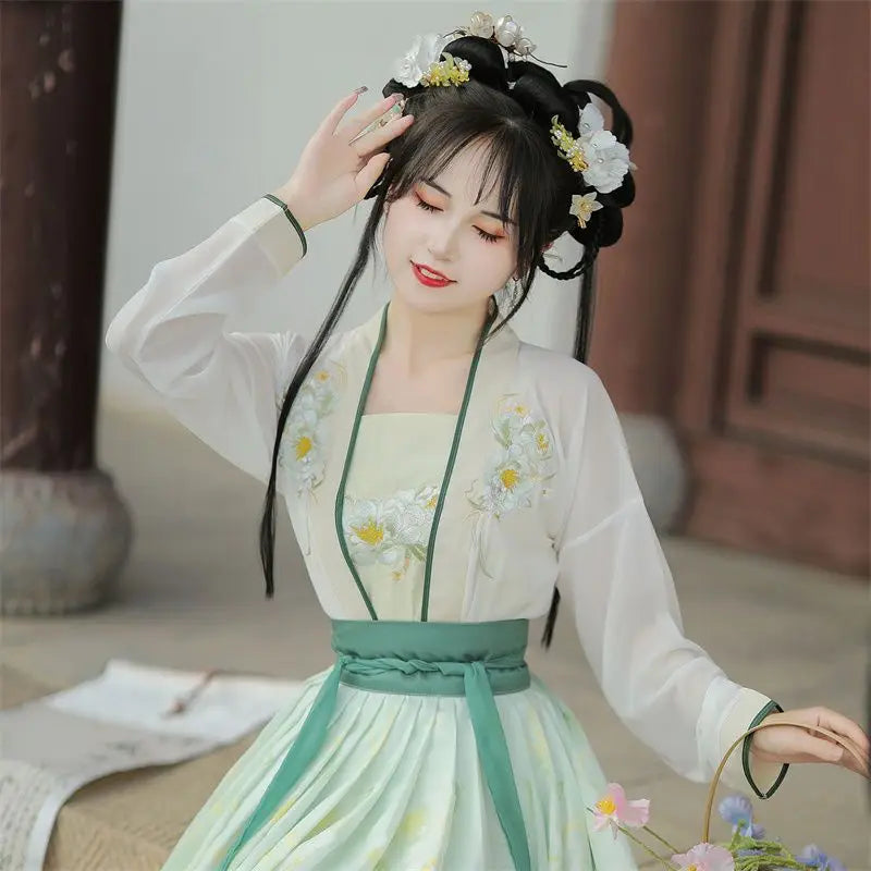 Hanfu Women Chinese Traditional Embroidery Stage Dance Dress Female Fairy Cosplay Costume Hanfu Gradient Blue&Green For Women