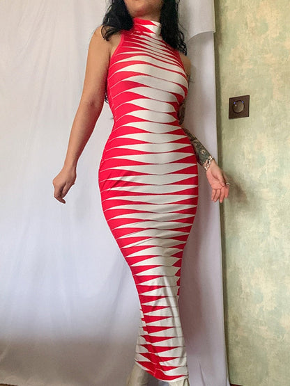 vmtvr Halter Sexy Dress Stripe Printed Bodycon Dress Summer Sleevless Mini Dress Club Female Outfit Streetwear Backless Dress