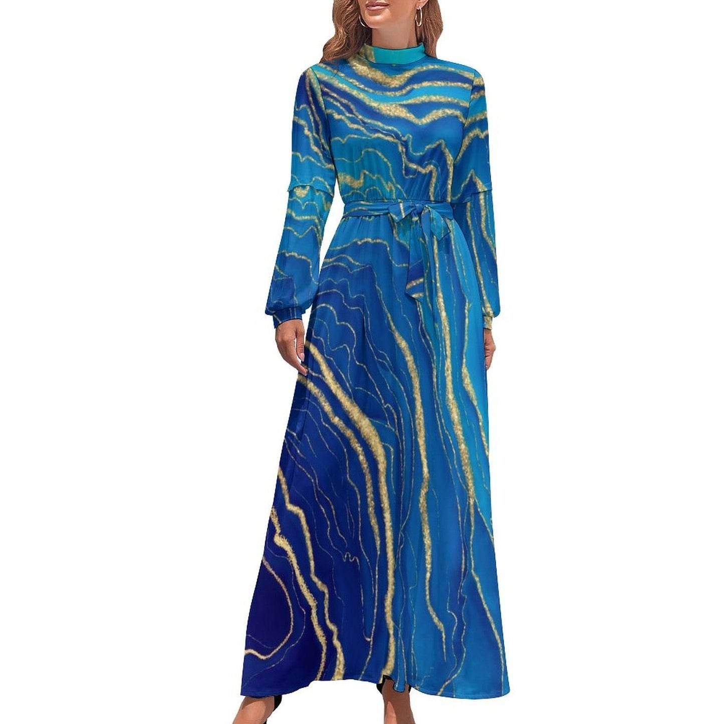 Marble Print Dress Watercolor Flow Abstract Aesthetic Bohemia Dresses Female Long Sleeve High Neck Sexy Long Maxi Dress