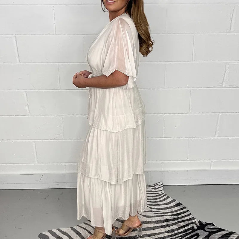 vmtvr Spring Summer Wrap V Neck Ruffle Pleated Party Dress Women Solid Lace-up Belted Long Dress Summer Short Sleeve Boho Maxi Dresses