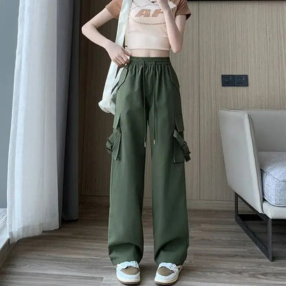 vmtvr Spicy Girls American Retro Casual Quick Drying Workwear Pants Women's Solid Summer High Waist Pocket Show Thin Straight Trousers