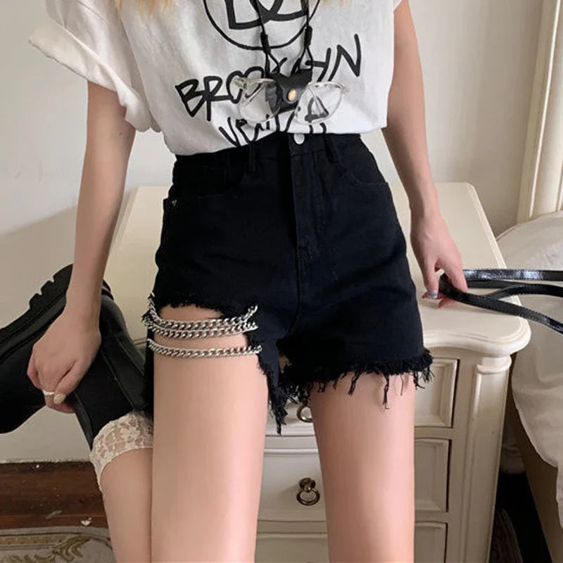 vmtvr Summer Harajuku Chain Denim Shorts Fashion High Waist Hollow Out Shorts Women Jeans Casual A-line Pants Sexy Streetwear Shorts