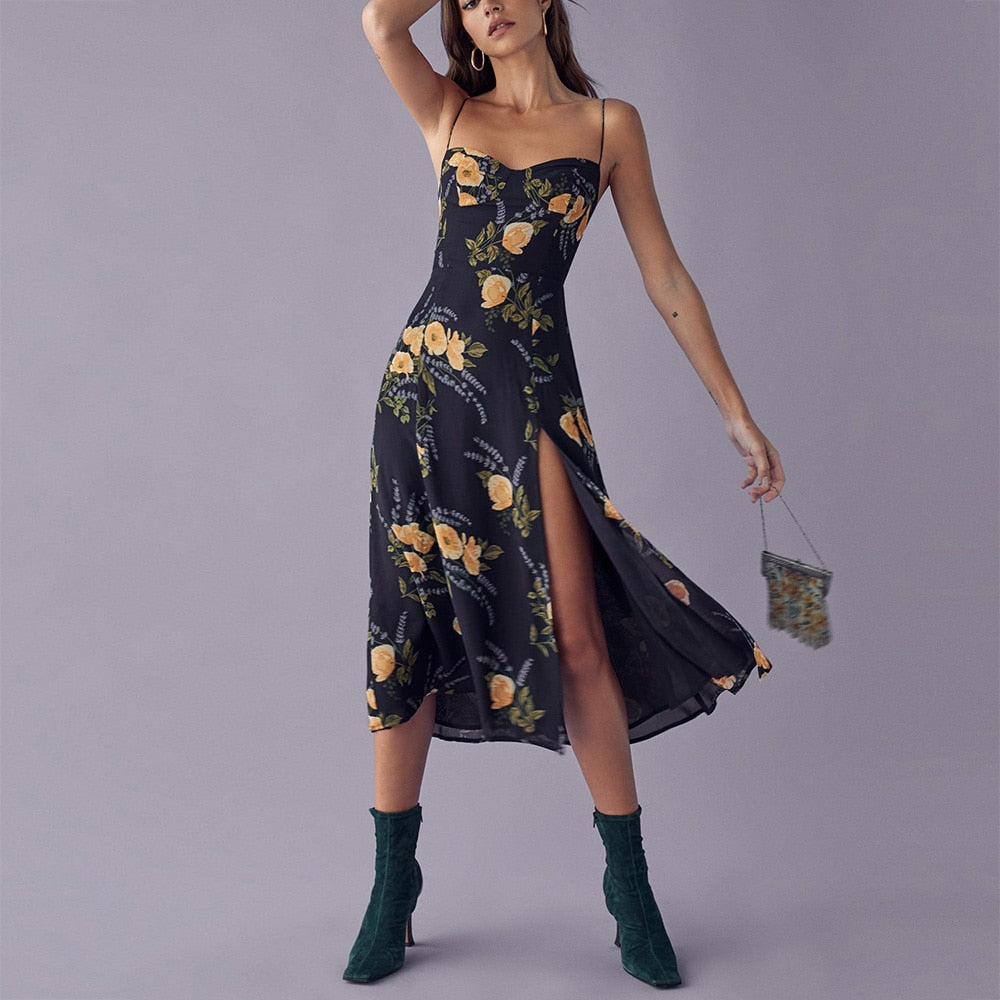 Summer Dresses For Women Elegant Vintage Floral Print Dress Sweetheart Neck Spaghetti Strap Midi Dress With Slit Sundress