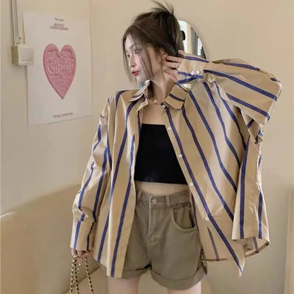 vmtvr Fashion Youth Women Clothing Striped Sunscreen Shirt Coat Spring Summer Korean Oversized Chic Pretty Long Sleeve Casual Blouse